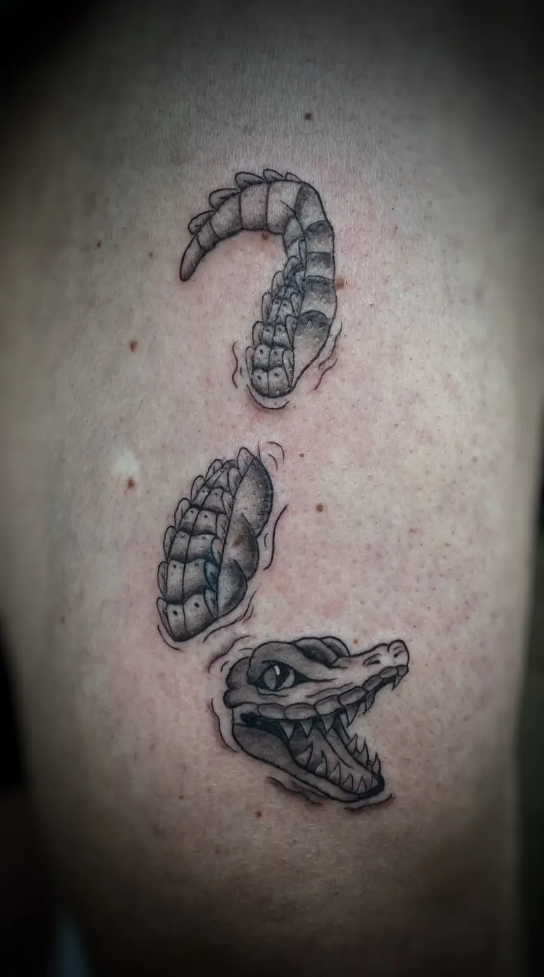 Tatuaje blackwork de cocodrilo con sombras realizado por Sowii